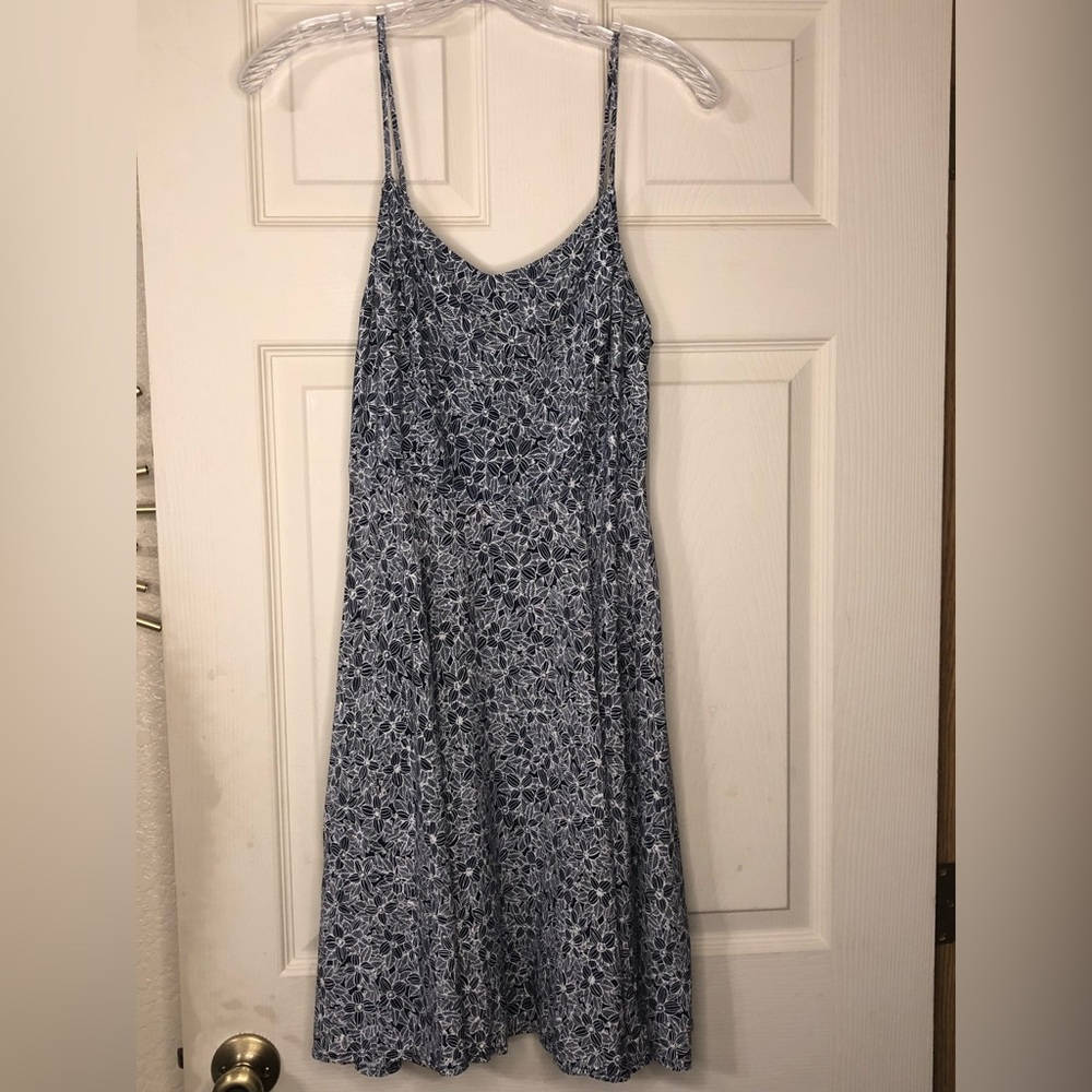 Dark Blue Dress w/ Floral Motif in white, flowy skirt, adjustable straps, Medium